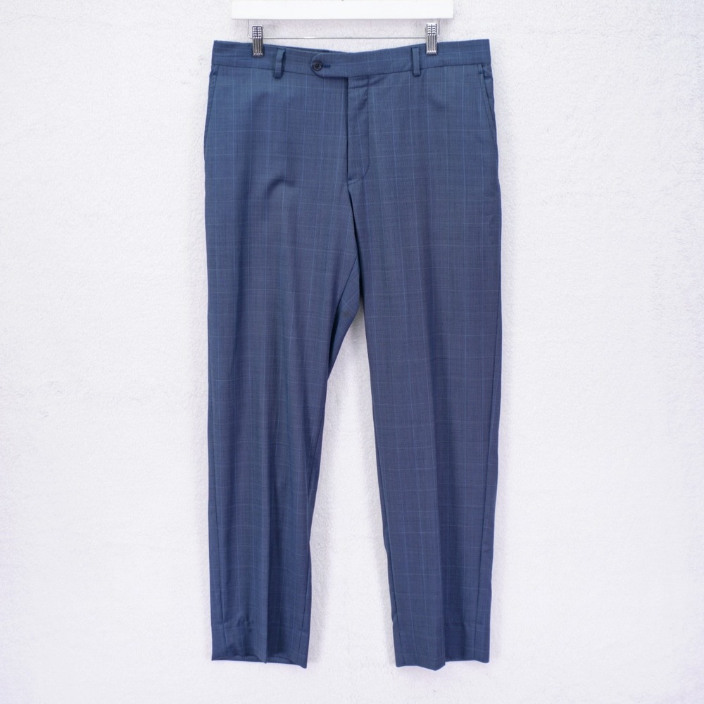 Joseph Abboud Red Super 110s Wool Blue Windowpane Check Dress‎ Pants 35 / 31.5